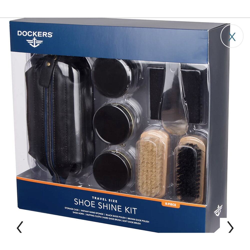 NEW Dockers TRAVEL SIZE SHOE SHINE KIT Black Brown Polish Brush Cloth Travel Bag